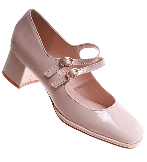 Beżowe czółenka na niskim obcasie z paskami /C7-2 17521  W182/