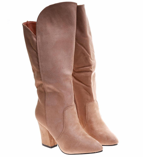 Klasyczne beżowe kozaki na obcasie z zamszu /C5-3 16896 G483 +H2/