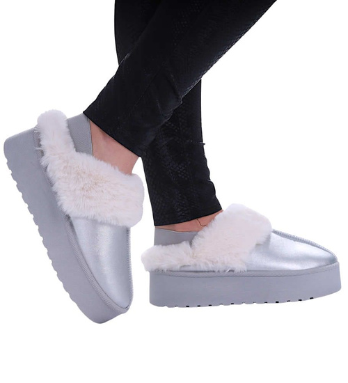 Srebrne grubo ocieplane niskie śniegowce z futerkiem 2 gat ost525