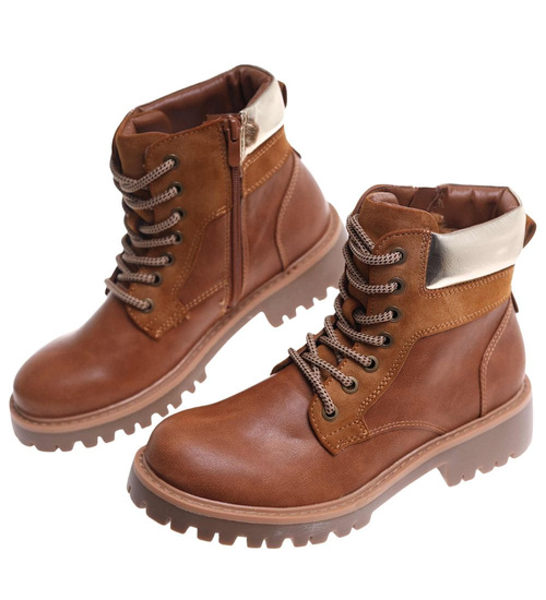 Sznurowane ocieplane botki trapery Karmelowe /E8-2 18266 W432/