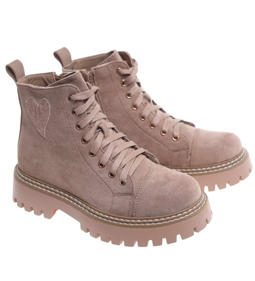 Sznurowane botki trapery na platformie Khaki /G5-2 18246 W437/