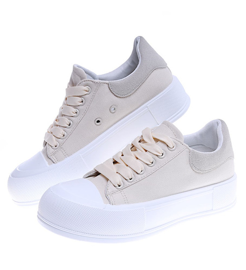 Beżowe damskie trampki sneakersy na platformie /D6-3 14725 T214/