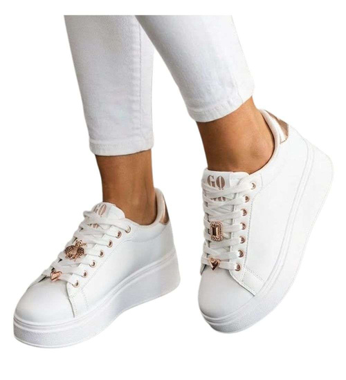 Białe sznurowane damskie trampki na platformie /B5-3 16211  T535/