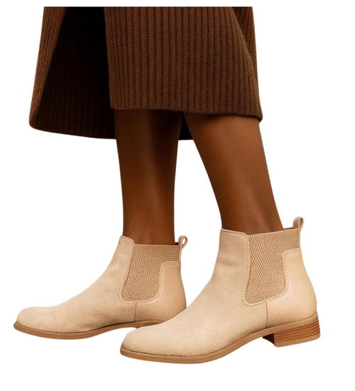Beżowe botki damskie na płaskim obcasie wsuwane /L3-2 18507 W232/