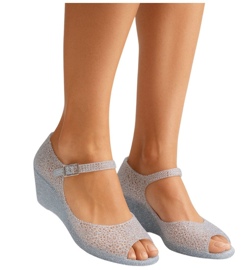 Plażowe sandały meliski na koturnie Srebrne otwarte /H2 14572 T890/