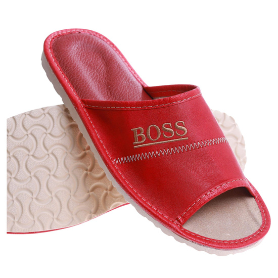 Skórzane męskie klapki domowe BOSS Czerwone /B5-1 17323 S199/