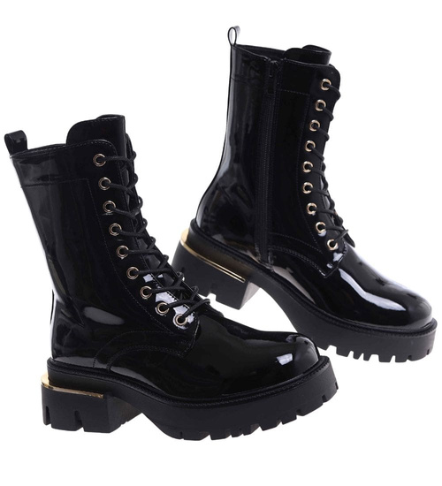 Lśniące botki glany w rockowym stylu Czarne /A2-1 18547 G388/