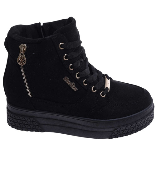 Czarne zamszowe sneakersy na koturnie i platformie /G3-3 15506 T634/