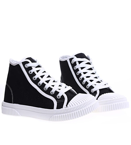 Czarne wysokie sznurowane trampki damskie /E6-1 15688 T134/