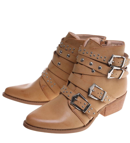 Karmelowe botki kowbojki z ćwiekami /E10-3 9349 S290/
