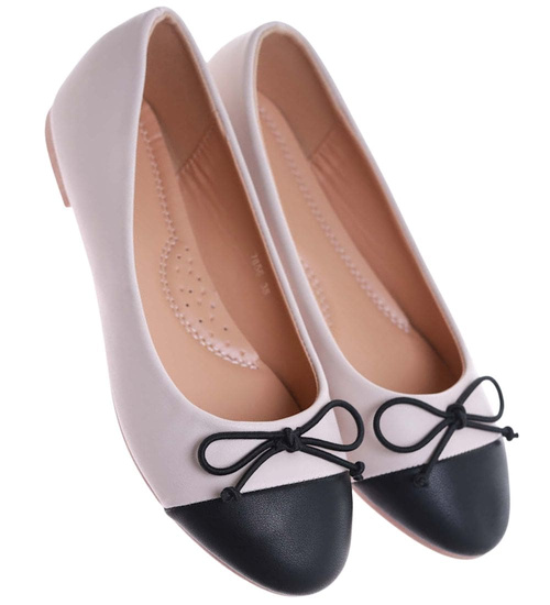 Beżowo czarne baleriny damskie z kokardą /E7-2 17533 G133/