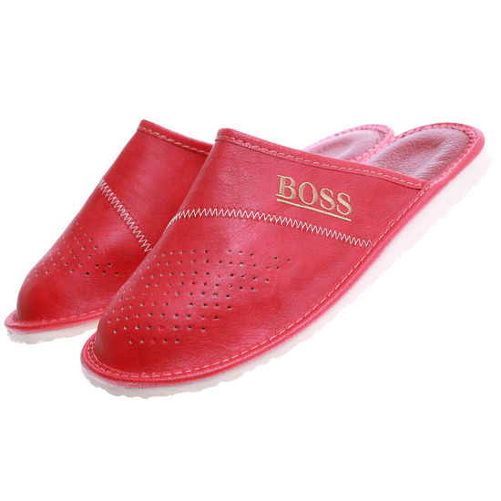 Kryte skórzane męskie klapki domowe BOSS Czerwone /G7-1 17322 S199/