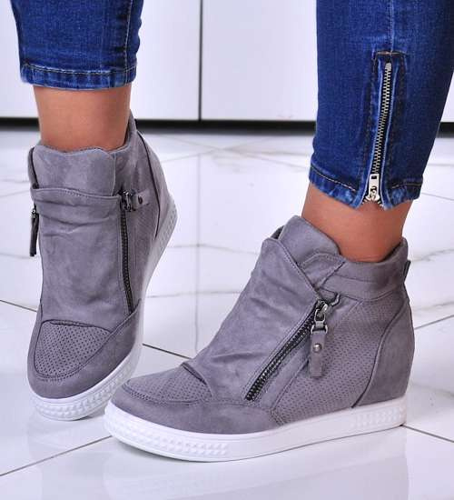 Szare trampki damskie sneakersy na koturnie /A8-3 10784 T596/