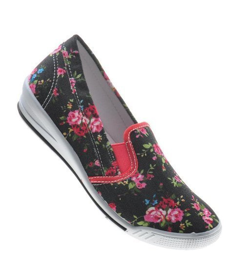 Dziewczęce niskie trampki w kwiatki czarne /B1-3 7634 S098/