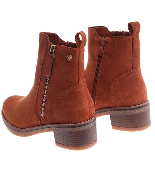 Karmelowe botki damskie na niskim obcasie /F1-3 18412 W456/