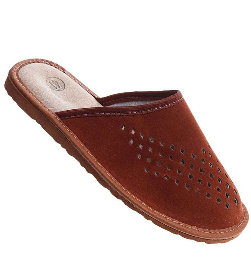 Męskie domowe kapcie ze skóry zamszowej Brązowe /F6-1 7929 S195/