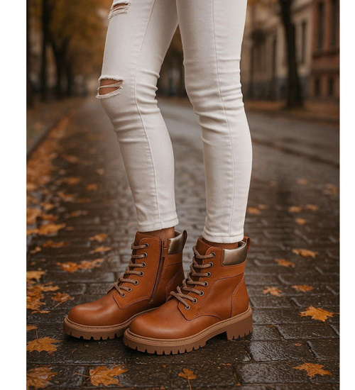 Sznurowane ocieplane botki trapery Karmelowe /E8-2 18266 W432/