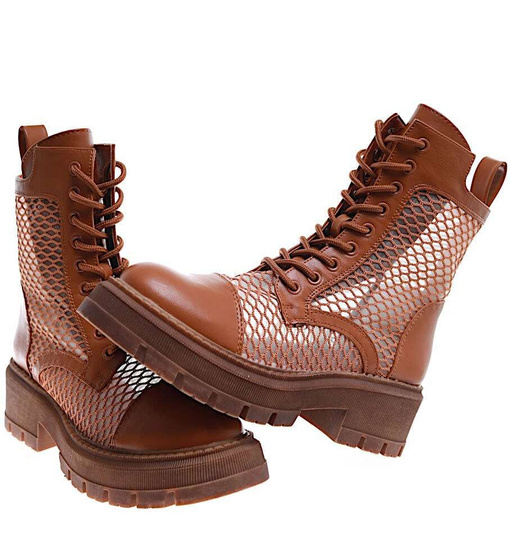 Brązowe ażurowe botki trapery na platformie /16770 F1-1 G381 +h2/