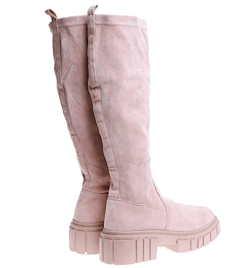 Beżowe kozaki damskie na platformie /E9-2 15217 T592/