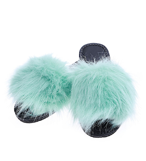 Miętowe klapki z efektownym futerkiem //D6-1 14682 T232/