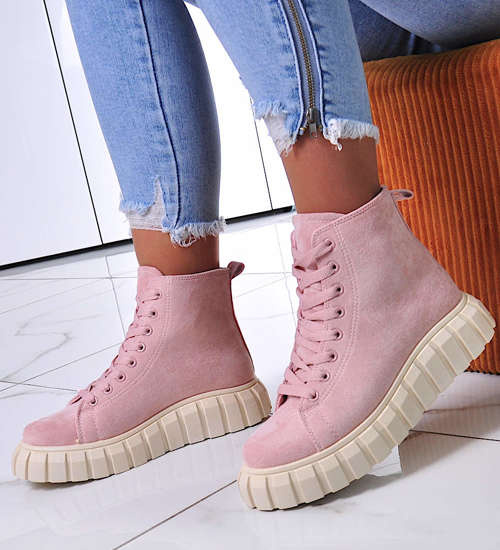 Sznurowane trampki damskie Pudrowy Róż /F7-3 12394 S493/ Sznurowane trampki damskie Pudrowy Róż /F7-3 12394 S493/