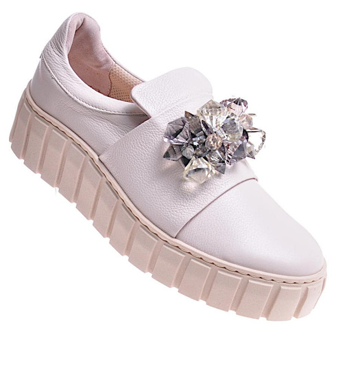 Beżowe skórzane damskie trampki creepersy /F8-2 11728 N0200/