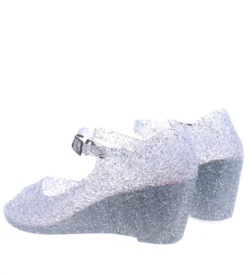 Plażowe sandały meliski na koturnie Srebrne otwarte /H2 14572 T890/