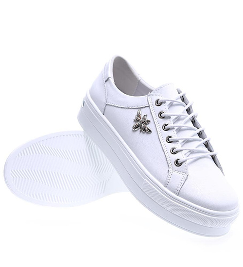 Białe skórzane damskie trampki na platformie /B5-2 15514 T105/