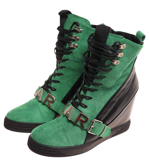 Sznurowane zielono czarne trampki sneakersy koturnie /F8-3 18060 T284/