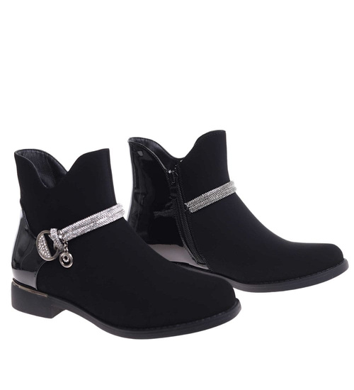 Czarne botki damskie ocieplane z ozdobą /F2-2 18417 W4/