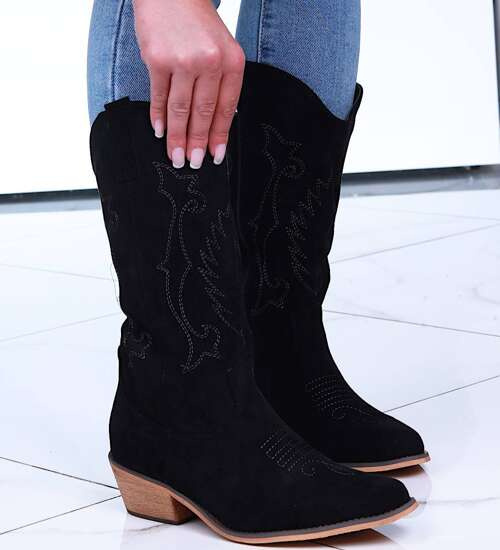 Czarne kozaki damskie zamszowe kowbojki /F5-2 12513 T591/