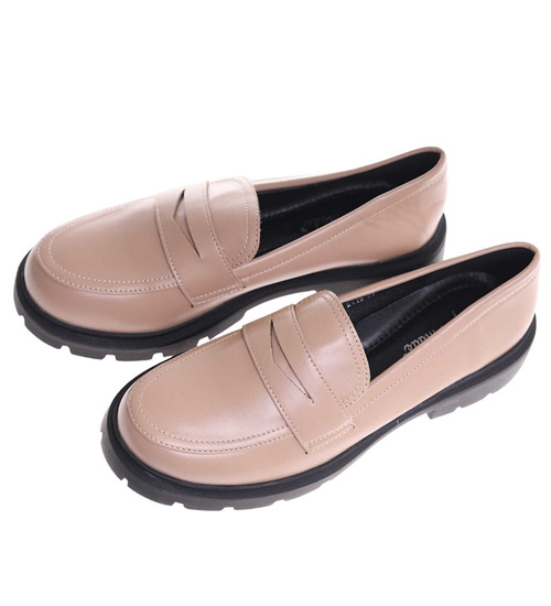 Beżowe półbuty loafersy damskie na platformie /H2 18628 W147/