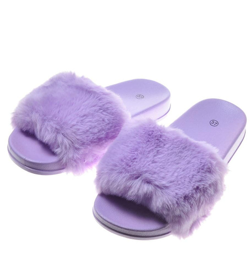 Wygodne damskie klapki z futerkiem Fioletowe /E2-2 7139 S193/