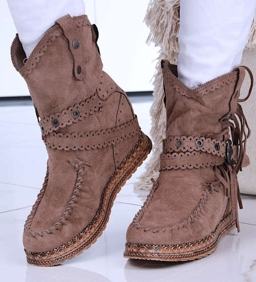 Botki boho na niskim koturnie Khaki /D3-1 14656 T239/ Botki boho na niskim koturnie Khaki /D3-1 14656 T239/