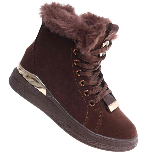 Czekoladowe zimowe trampki z kożuszkiem  /G11-3 18496 T7/