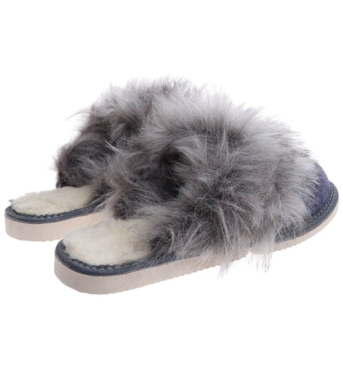 Skórzane ocieplane kapcie damskie Granatowe /C1-1 9942 S197/