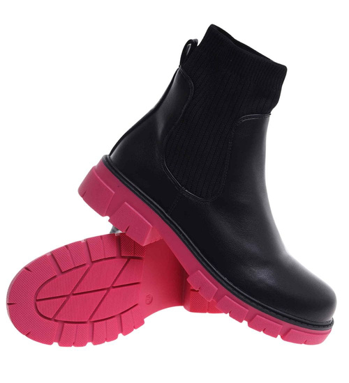 Czarno fuksjowe elastyczne dziewczęce botki ocieplane /B4-2 18340 T3/