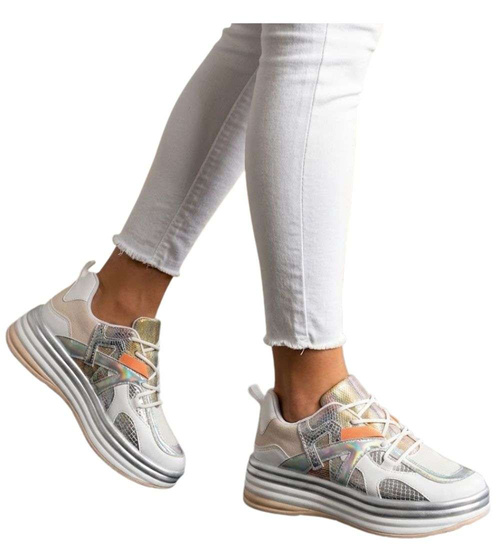 Beżowe damskie buty sportowe na platformie /C2-3 14724 T292/