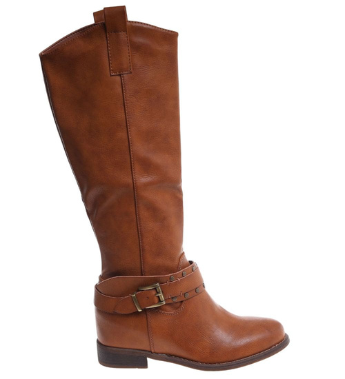 Ocieplane karmelowe kozaki damskie na niskim koturnie /i6-3 H2 18426 T386/