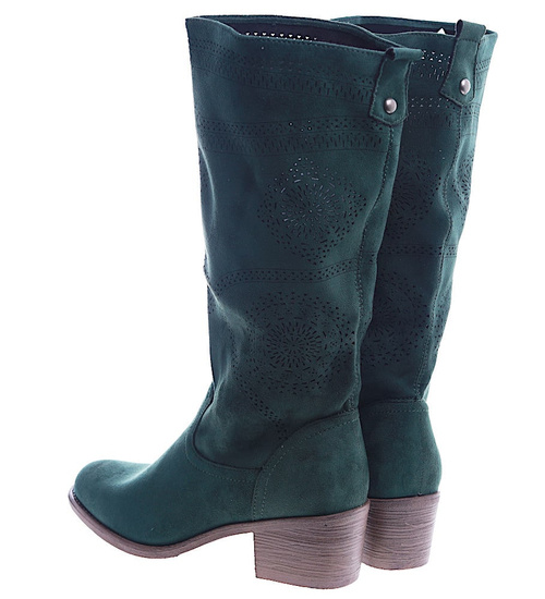 Ażurowe zielone wiosenne kozaki na klocku /G2-2 13528A W493/