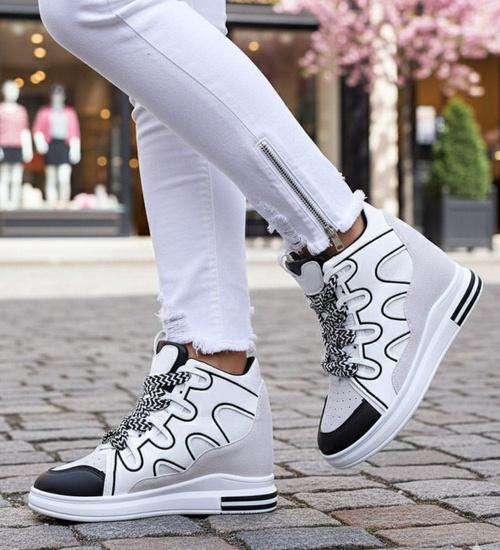 Sznurowane biało czarne trampki sneakersy na koturnie /F9-2 15779 D236/