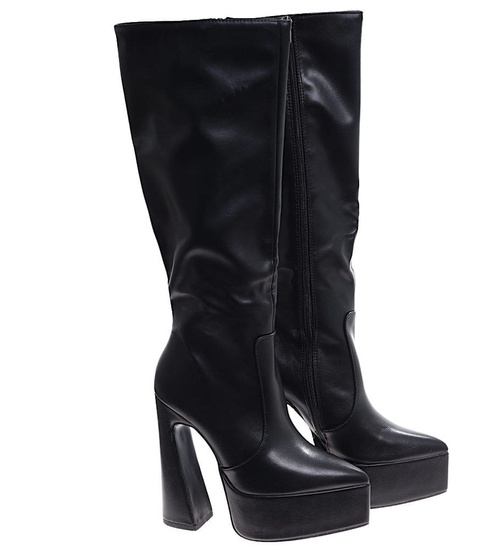 Czarne kozaki damskie na platformie /E6-3 16915 G382/