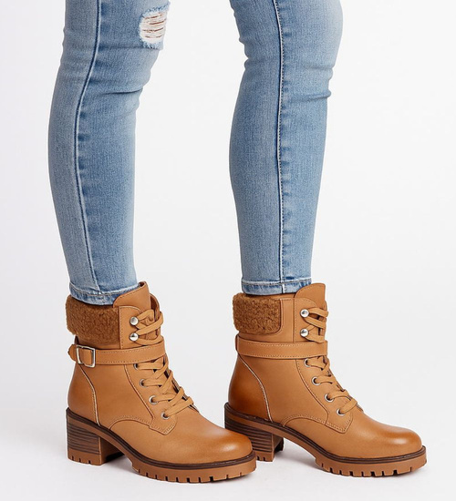 Karmelowe ocieplane botki damskie /F9-3 18180 T432/