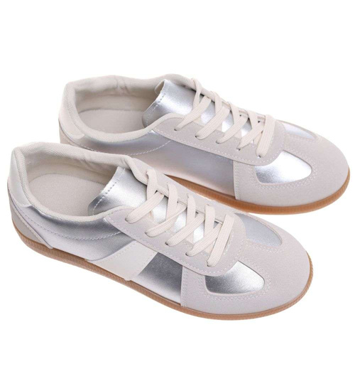 Beżowo srebrne sznurowane sneakersy /G8-1 18727 T177/
