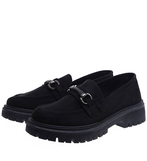 Czarne zamszowe półbuty loafersy na niskiej platfomie /D9-2 15342 T485/