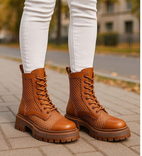 Brązowe ażurowe botki trapery na platformie /16770 F1-1 G381 +h2/