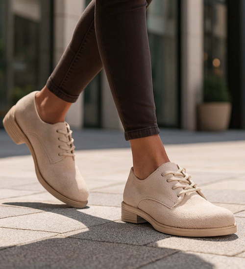 Beżowe baleriny damskie zamszowe oxfordy /J4-2 18621 W177/