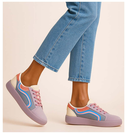 Wiązane trampki damskie na platformie Fioletowe /D4-1 17882 T489/