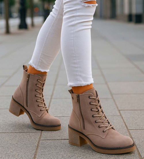 Damskie wiązane botki na obcasie Khaki /F2-1 18232 W339/
