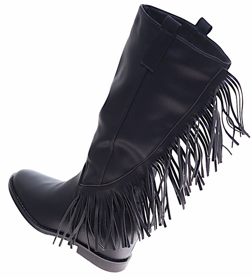 Czarne kozaki z frędzlami na niskim koturnie wsuwane /H2 14903 G285/